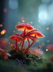 Magic mushrooms glow in forest