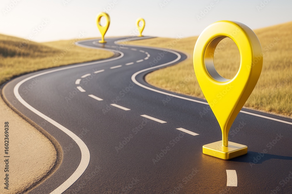 Poster winding asphalt road with large yellow map location pins symbolizing navigation and journey concept 