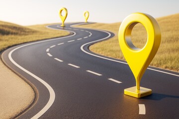 Winding asphalt road with large yellow map location pins symbolizing navigation and journey concept under natural light on grassy background.