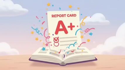 Colorful report card with an A+ grade bursting from an open book against a cheerful sky background