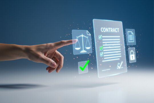 Hand touching floating digital contract with legal icons and checkmarks. Clean gradient background, corporate lighting, subtle blue-glow.