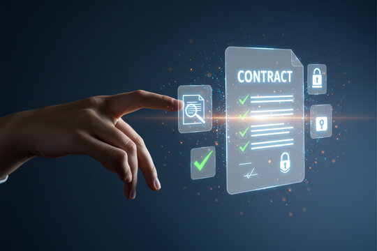 Hand touching floating digital contract with legal icons and checkmarks. Clean gradient background, corporate lighting, subtle blue-glow. - Powered by Adobe