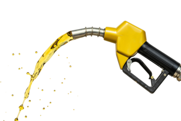 Fuel nozzle pouring gasoline with yellow liquid on white background  