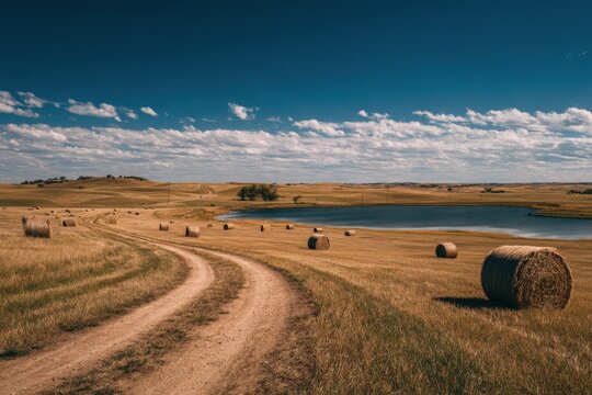 Countryside scene featuring a dirt road winding through a hayfield with round bales and a farm pond