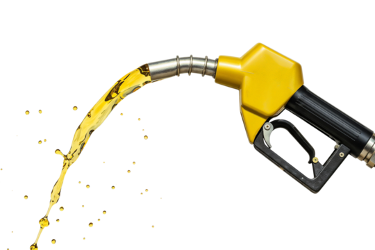 Fuel nozzle pouring gasoline with yellow liquid on white background  