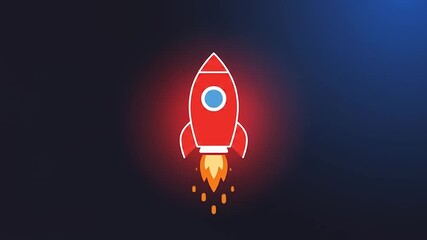 Colorful rocket icon launching with flames, set against a dark background, symbolizing innovation and progress