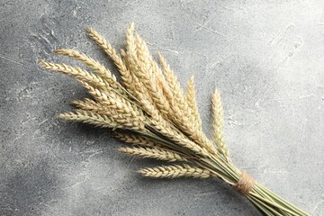 Bunch of wheat spikes on grey textured table, top view