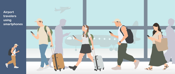 空港でスマホを操作する旅行客のイラスト © maki