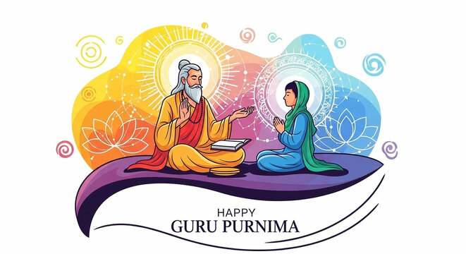 Wise guru imparts knowledge to devoted student, celebrating spiritual guidance and learning.