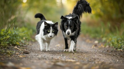 Black - and - white Cat and Border Collie Walking Together on Forest Path, Showing Inter - species Friendship