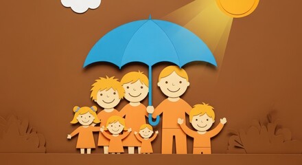 Umbrella Protection for a Happy Family: with a joyful family standing beneath it. 