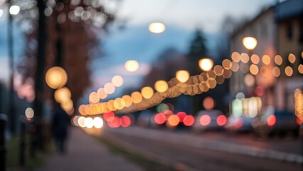 Warm-toned bokeh city street at dusk, blurred background, soft focus, urban night lights, romantic mood, out-of-focus, dreamy atmosphere, city lights, evening ambiance.
