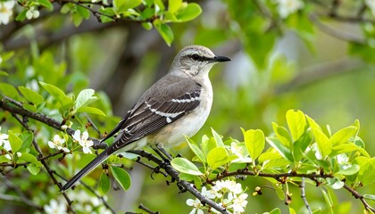 Obraz premium Northern mockingbird perched gracefully on a flowering branch in springtime scenery