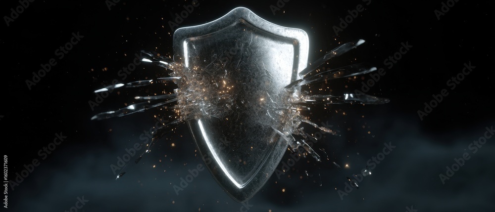 Aufkleber shattered shield cybersecurity breach concept with exploding fragments for security awareness