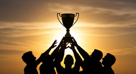 A silhouette of a team holding a trophy high against a vibrant sunset sky
