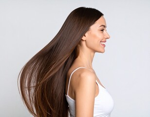 Healthy Shiny Long Brown Hair Woman Smiling Profile.
