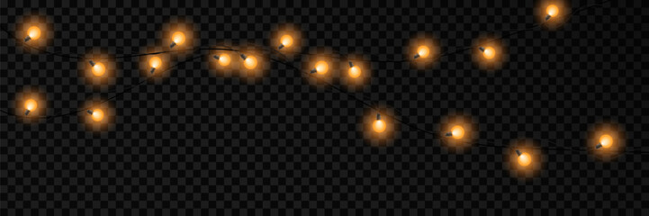Golden Christmas garlands on transparent background. Hanging lights. Vector.