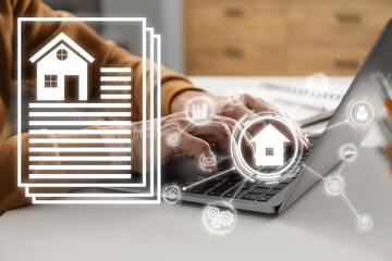 Real estate agent using laptop at table, closeup. House data and scheme on virtual screen