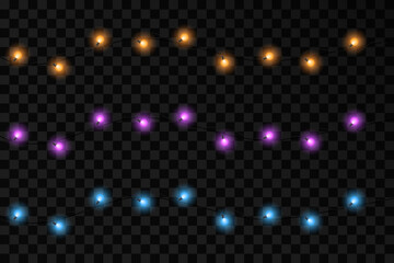 Set of bright Christmas garlands of light bulbs on a transparent background. Vector.