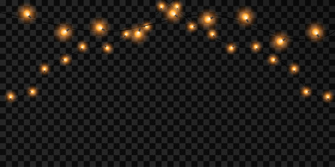 Golden Christmas garlands on transparent background. Hanging lights. Vector.