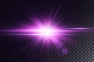 Purple light rays with starbursts and shining glow.Vector.