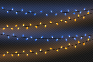 Set of bright Christmas garlands of light bulbs on a transparent background. Vector.