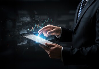 Financial Analysis: Businessman Interacting with Data on Tablet