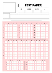 Test paper with blank fields and checkboxes. Exam for students