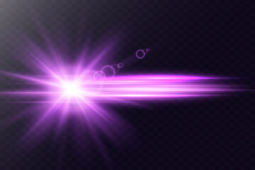 Purple light rays with starbursts and shining glow.Vector.