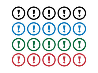 Alert! Attention grabbing exclamation point icons in black blue green and red for urgent notification use. grid of various colored circular exclamation point icons.