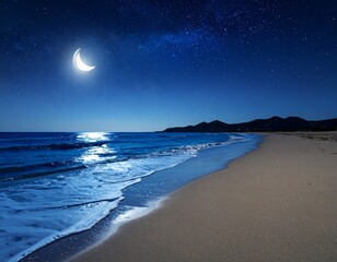 Quiet moonlit beach with gentle waves brushing the shoreline under a crescent sky, evoking solitude...