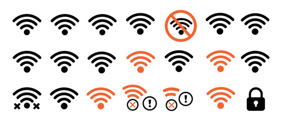 Wireless icon set. Secure your network with these wifi and security icons for web and app design protection needs now, No wifi. Different levels of Wi Fi signal. Vector illustration on white backgroun