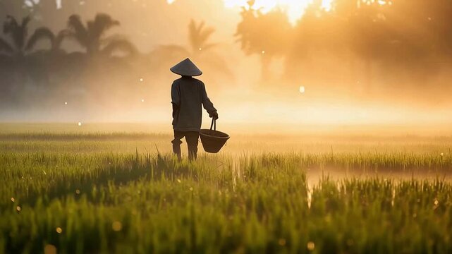 Asian farmer on rice field at sunset. Asia and exotic travel concept