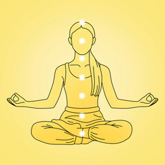 Chakras location in body. Silhouette of woman in Lotus position on yellow background, illustration