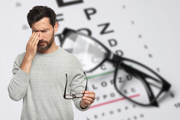 Man with eyesight problems, glasses and vision test chart