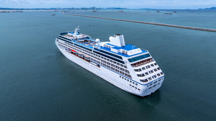 Aerial view cruise ship liner on ocean sea, Luxury cruise ship liner modern maritime travel...