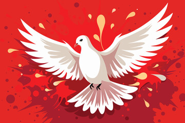 Fototapeta premium White Dove Flying Against Red Background with Splashes and Drops Illustration