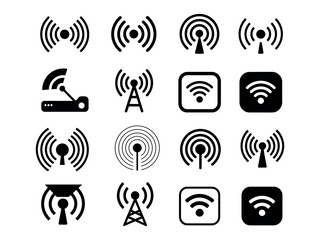 Wifi icon pack collection set, Various telecom antenna icons for modern wireless technology, communication network design projects and presentations.