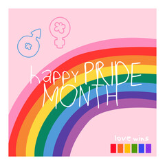 Cute simple banner for Pride Month. Vector background with retro rainbow flag. Symbols of Pride Month with LGBTQ flag colours for greeting card, poster, invitation, flyer, cover