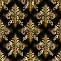 seamless damask pattern, black background, geometric, gold