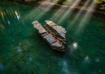 Broken stone bridge emerging from emerald waters lit by golden sunbeams, evoking forgotten history...