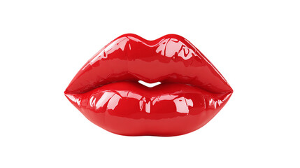 Juicy red lips in kiss shape with glossy finish, cartoon 3D icon, isolated on transparent background