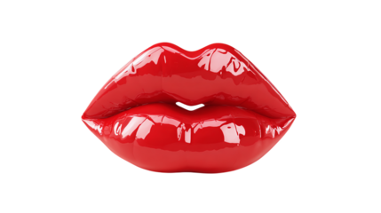 Juicy red lips in kiss shape with glossy finish, cartoon 3D icon, isolated on transparent background