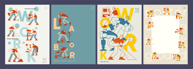Minimalist retro-style illustration posters of industrial workers using tools, engaged in manual labor and construction tasks. Ideal for workplace, poster, or banner use.
