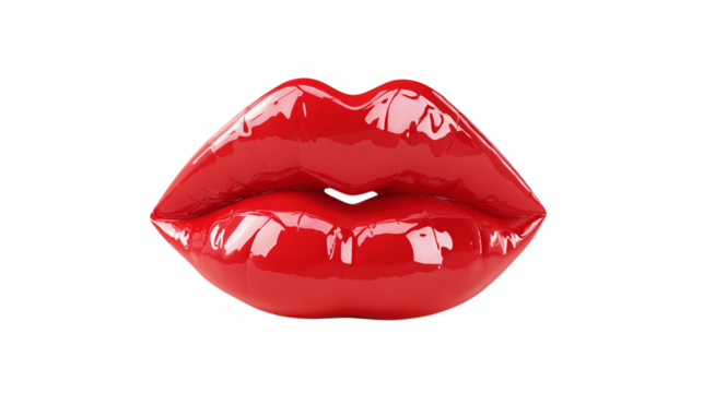 Juicy red lips in kiss shape with glossy finish, cartoon 3D icon, isolated on transparent background 