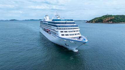 Aerial view cruise ship liner on ocean sea, Luxury cruise ship liner modern maritime travel...