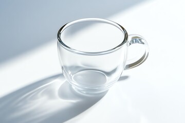 glass coffee cup, centered composition, dimensional shadow on white, high key brightness, white studio setup