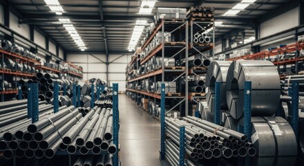 Steel pipe inventory with coiled metal stock in organized industrial facility setting.