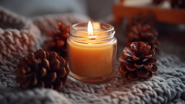 A candle made with natural wax, surrounded by pine cones.	A beautiful, handcrafted candle in a simple glass jar is shown, surrounded by natural elements like pine cones and cinnamon sticks.
