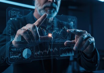 Advanced Data Analysis: Man Interacting with Holographic Interface
